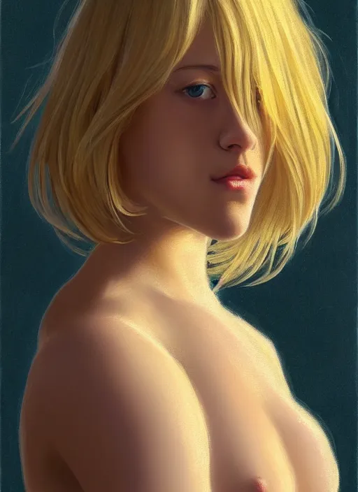 Image similar to full body portrait, teenage lili reinhart, blonde hair, obese, bangs, ponytail, sultry, realistic, sultry smirk, fluffy bangs, curly bangs, fat, belly, intricate, elegant, highly detailed, digital painting, artstation, concept art, smooth, sharp focus, illustration, art by wlop, mars ravelo and greg rutkowski