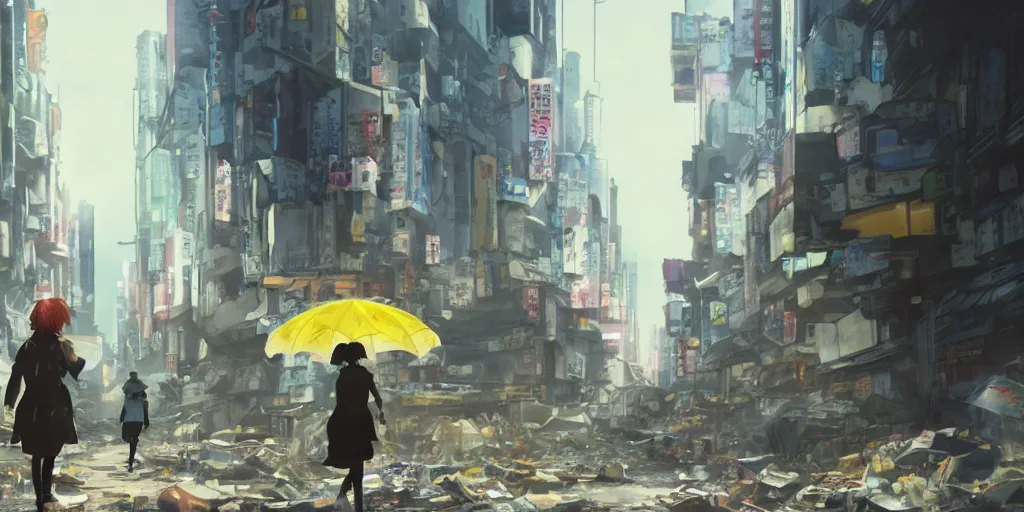 Prompt: incredible wide screenshot, ultrawide, simple watercolor, rough paper texture, ghost in the shell movie scene, backlit distant shot of girl in a parka running from a giant robot invasion side view, yellow parasol in deserted dusty shinjuku junk town, broken vending machines