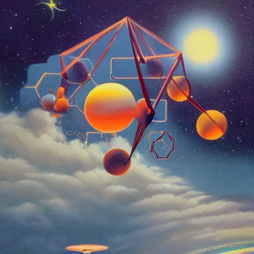 Prompt: a painting by ralph mcquarrie of floating molecules and icosahedron with stars, clouds, and rainbows in the background, trending on artstation, masterpiece, incredible details