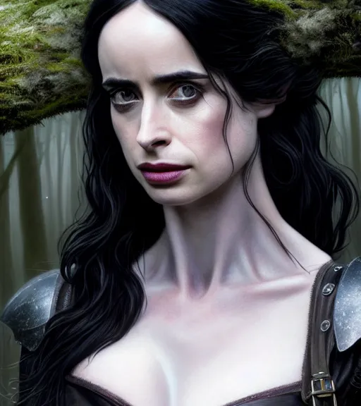 Image similar to 5 5 mm close up portrait photo of krysten ritter as yennefer of vengerberg with purple eyes in black leather armor and long black wavy hair, in a forest. magical atmosphere. art by greg rutkowski. lifelike. very detailed 8 k. intricate. soft light. nikon d 8 5 0.