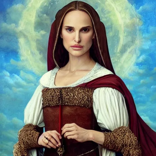 Prompt: a portrait of a Natalie Portman as beautiful female wizard, full face, beautiful clothes, oil painting in a renaissance style , very detailed, fantasy art, rule of thirds