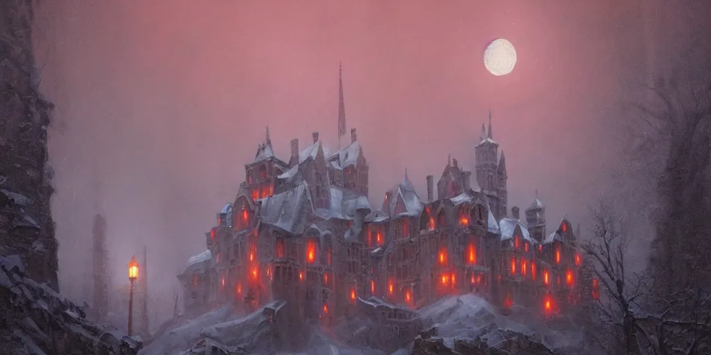 Image similar to A hyper realistic oil painting of a gothic castle made out of crimson stone, surrounded by snow, surrounded by fog, moody cinematic lighting, red moonlight above the castle, hyper detailed, by greg rutkowski, trending on artstation