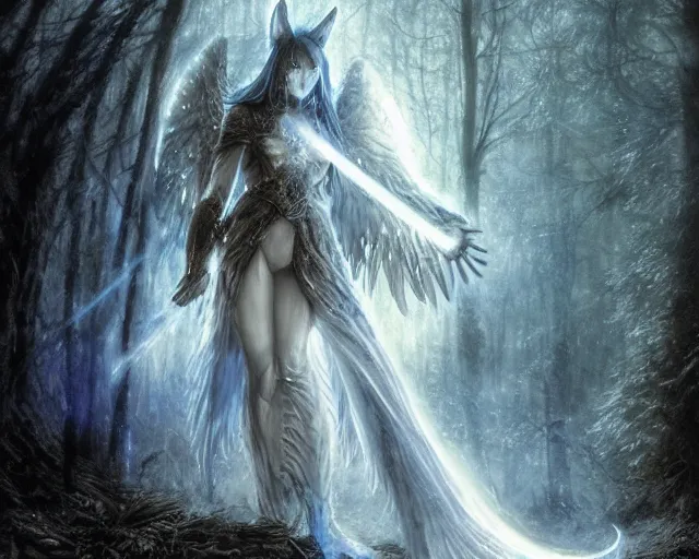 Image similar to 5 5 mm portrait photo of an armored holy wolf angelic with blue glowing eyes and looking at the camera, glowing with holy lights, holy energy, in a magical forest. magical atmosphere. art by greg rutkowski and luis royo. highly detailed 8 k. intricate. lifelike. soft light. nikon d 8 5 0.