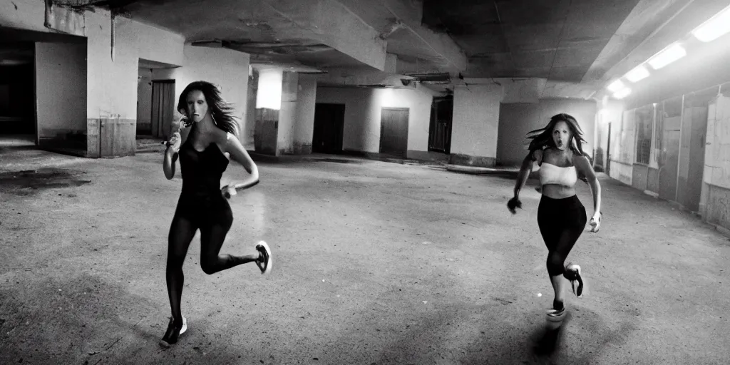 Prompt: Jennifer Love Hewitt running toward camera, away from a man in the background, dressed all in black, in an abandoned highschool, night time, cinematic, horror movie, 24MM wide shot, f1.8, volumetric lighting, award winning