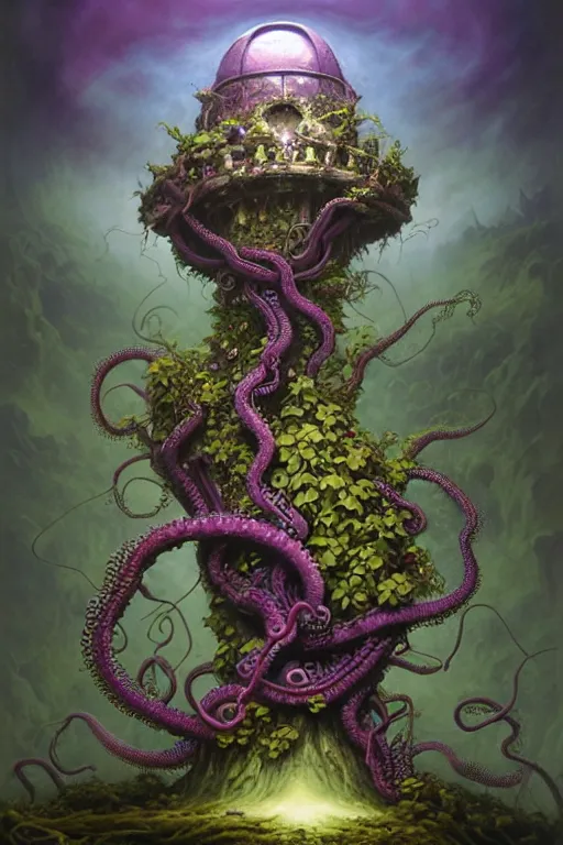 Prompt: On a domed structure made of tentacled purple vines, there is an orc fused and blended with the vines, a purple crystal pulsing in his chest, orc on vines, orc fused with vines, orc merged with vines, Peter Mohrbacher, Beksiński and Jeff Easley, artwork by Peter Mohrbacher, Zdzisław Beksiński and Jeff Easley