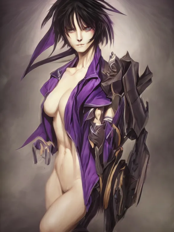 Image similar to manly eccentric lelouch lamperouge, purple eyes, hyper detailed, digital art, trending in artstation, cinematic lighting, studio quality, smooth render, unreal engine 5 rendered, octane rendered, concept art, smooth, sharp focus, illustration, art by artgerm and greg rutkowski and alphonse mucha and ian sprigger and wlop