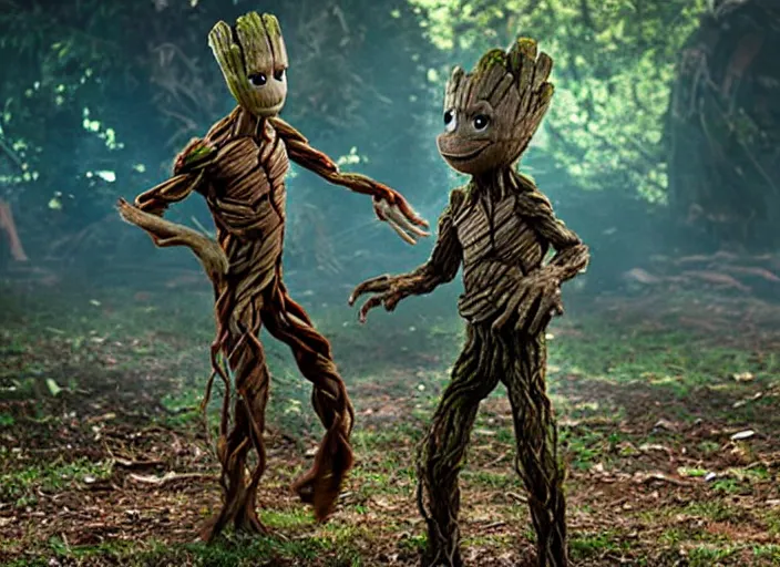 Image similar to film still of young groot having a dance party with a chicken in the new avengers movie, 4 k,