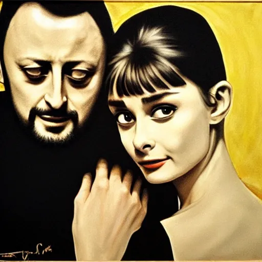 Prompt: Romeo (Jean Reno) and Juliet (Audrey Hepburn), are looking at each other romantically. dramatic, high contrast, romantic, theatrical, lumnious, cinematic lights, oil canvas by Csók István, Munkácsi and Hollósy Simon