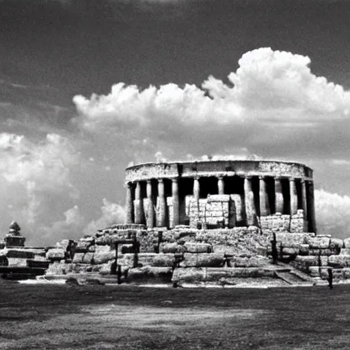 Image similar to clouds shaped like the second temple in jerusalem, the beis hamikdash surrealism