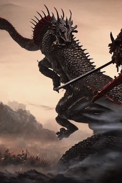 Prompt: a close up shot of the most epic samurai battle in history. Ancient dragon in background.!Two samurai dueling. By Akira Kurosawa, Greg rutkowski, Salvador Dali legendary matte painting.. 4k, particles light,