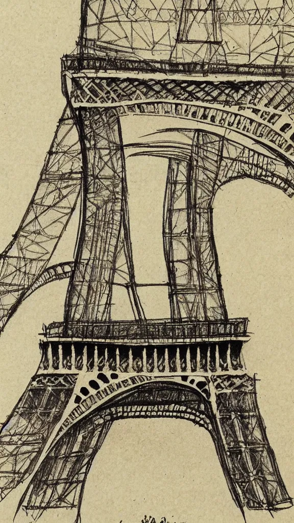 Image similar to architectural design studies of Eiffel Tower, different closeup view, drawn by Leonardo da Vinci, ancient ink draw, artistic, intricated