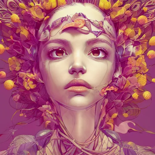 Image similar to the portrait of an absurdly beautiful, graceful, elegant innocent woman made of bananas and petals looking up, an ultrafine detailed illustration by kim jung gi, irakli nadar, intricate linework, bright colors, octopath traveler, final fantasy, angular, unreal engine 5 highly rendered, global illumination, radiant light, detailed and intricate environment