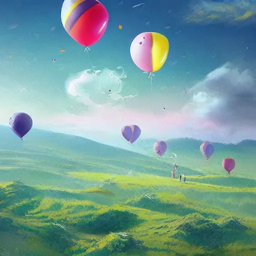 Image similar to digital art of plenty of birthday balloons floating above a beautiful countryside. artstation cgsociety masterpiece