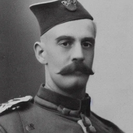 Prompt: an old photo of a soldier with long blonde hair and long blonde moustache