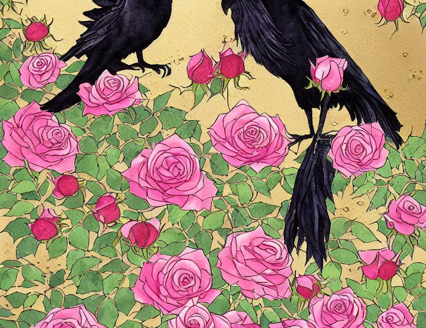 Prompt: faerie raven in a rose garden courtyard. this watercolor and gold leaf work by the award - winning mangaka has a beautiful composition and intricate details.