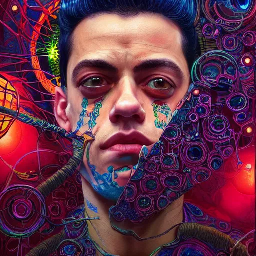 Image similar to portrait of rami malek, hyper detailed masterpiece, neon floral pattern, jean giraud, digital art painting, darkwave goth aesthetic, psychedelic, artgerm, donato giancola and tom bagshaw