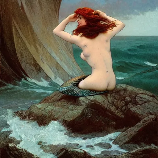 Prompt: mermaid sitting on a rock being lashed by waves and singing, stormy weather, ocean, painting by greg rutkowski and alphonse mucha