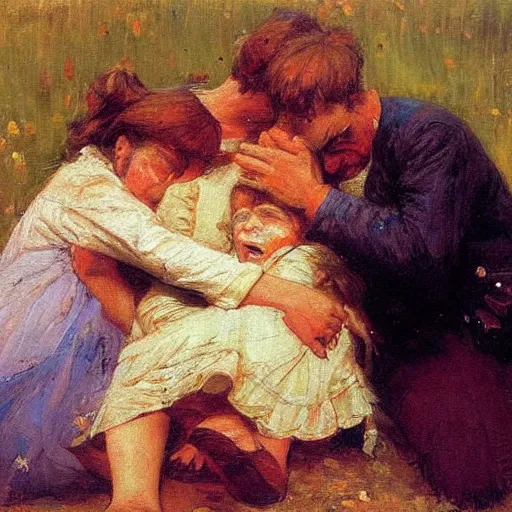 Prompt: A painting of a family crying in the style on Ilya Repin