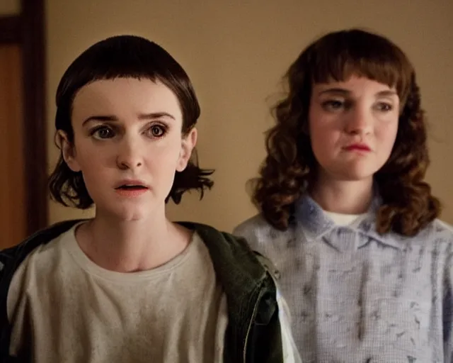 Prompt: winona ryder at age 12 playing eleven on stranger things, production still, by cameldeath