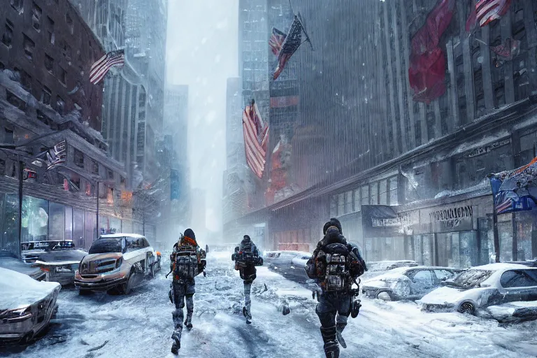 Image similar to agents from (Tom Clancy's The Division) running through snowy new york, high detail, digital art, trending on artstation, by Tom Garden