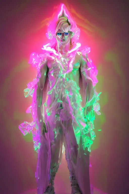 Image similar to photo of fullbody rococo and cyberpunk delicate neon crystalline sculpture of handsome muscular onyx albino marble prince joe jonas as an mint iridescent humanoid deity wearing pink plastic hooded cloak holding an onyx skull in a onyx space dungeon, reclining, glowing yellow face, crown of white diamonds, cinematic lighting, photorealistic, octane render, 8 k, depth of field, 3 d
