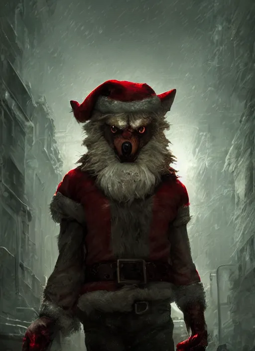 Image similar to portrait, werewolf Santa Clause, dark, gritty, scary, dramatic lighting, cinematic, establishing shot, extremly high detail, foto realistic, cinematic lighting, post processed, concept art, artstation, matte painting, style by eddie mendoza, raphael lacoste, alex ross