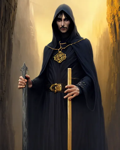 Prompt: handsome mage holding a tall stave, long black hair wearing gothic navy cloak with gold details, cave town, fantasy character portrait, ultra realistic, movie key visual, concept art, intricate details, highly detailed by greg rutkowski, ilya kuvshinov, gaston bussiere, craig mullins, simon bisley