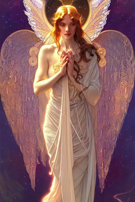 Image similar to Tarot card of an angel girl with glowing halo and highly detailed intricate wings, art nouveau, fantasy, intricate, elegant, highly detailed, digital painting, artstation, concept art, smooth, sharp focus, illustration, art by Krenz Cushart and Artem Demura and alphonse mucha