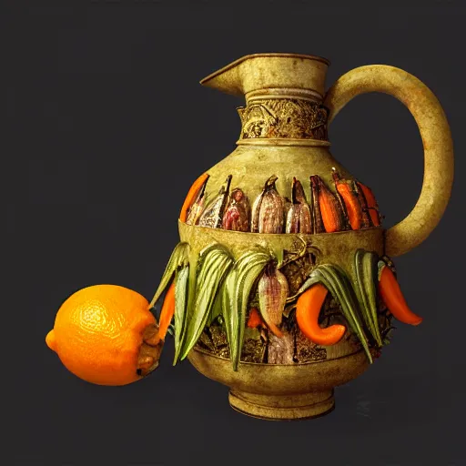 Image similar to still art, antique jug with palms inside, old candle, much vegetables, lemon, orange, pepper, cinematic light, detailed, digital art, concept art, trending on artstation, highly detailed, intricate, sharp focus, digital art, 8 k