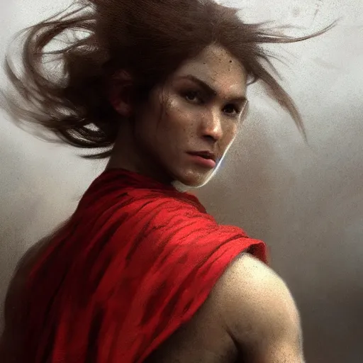 Image similar to cinematic shot epic portrait a spartan woman with a red cape on, muscular, goddess, wet hair flowing, sweaty skin, battlefield backround, broad light, ambient occlusion, volumetric light effect, made by ivan aivazovsky, peter mohrbacher, greg rutkowski, matte painting, trending on artstation, 4 k, perfectly defined features, digital painting,