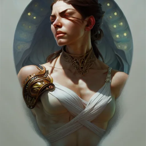 Image similar to , muscular upper body, D&D, fantasy, intricate, elegant, highly detailed, digital painting, artstation, concept art, smooth, sharp focus, illustration, art by artgerm and greg rutkowski and alphonse mucha