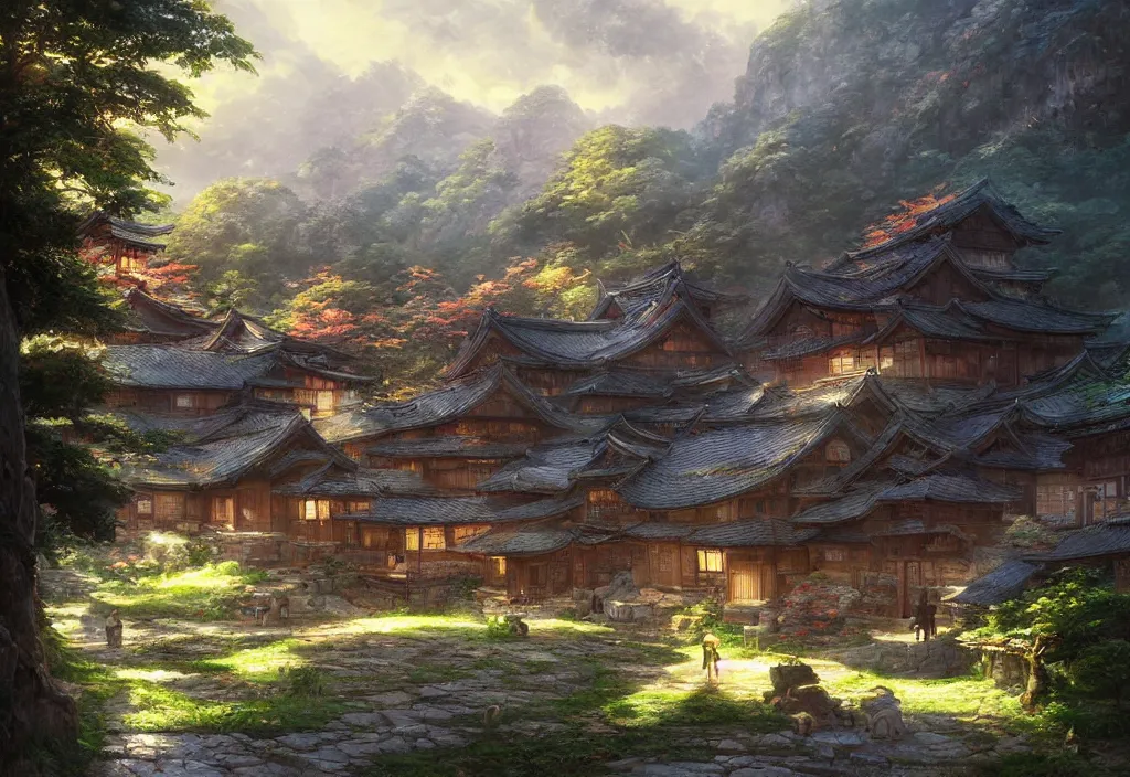 Prompt: concept art painting of a cozy village inside a fantasy landscape of a mountainous forested valley, historic japanese architecture, realistic, detailed, cel shaded, in the style of makoto shinkai and greg rutkowski and james gurney and thomas kinkade