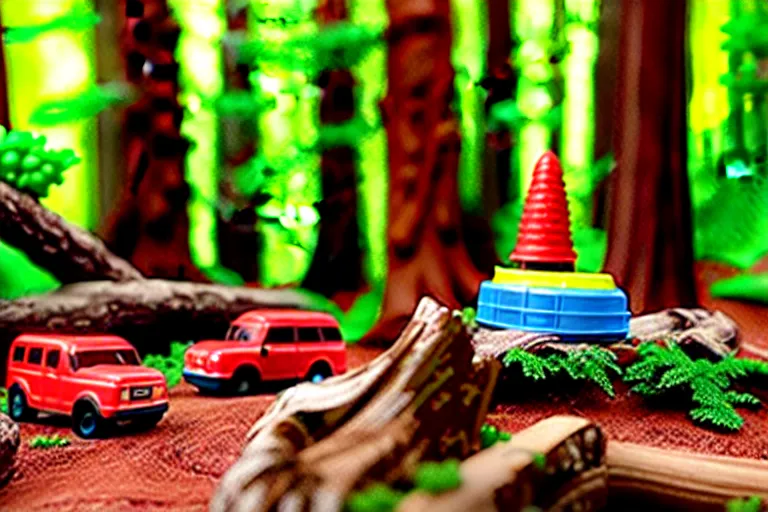 Image similar to fisher price redwood forest, california scene from tv show hyper detailed 5 5 mm 8 5 mm, toy photography, made out of plastic