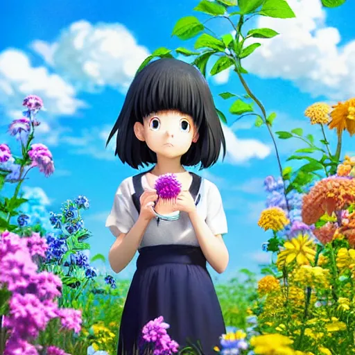 Prompt: Manga cover portrait of an extremely cute and adorable beautiful curious happy puppy smelling a flower, summer vibrance, 3d render diorama by Hayao Miyazaki, official Studio Ghibli still, color graflex macro photograph, Pixiv, DAZ Studio 3D