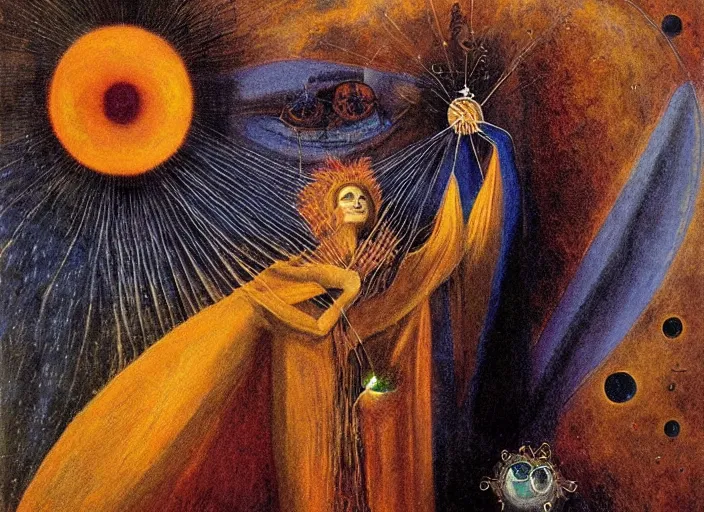 Image similar to a shaman woman spirit holding up the cosmic universe, by remedios varo, reflection, symbolist, magic colors, dramatic lighting, smooth, sharp focus, extremely detailed, aesthetically pleasing composition