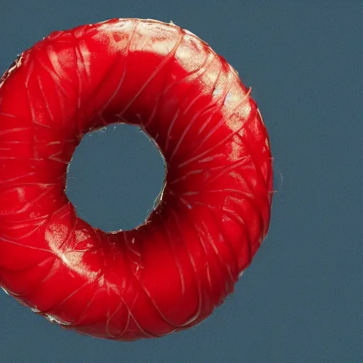 Image similar to Perfectly circular donut!!!!! in the style and shape of a rambutan!!!!!!, blended colors!!!!!, fibrous!!!!!, red fibers, trending on artstation, 4k, 8k, professional photography, overhead shot, 35mm lens