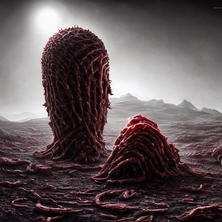 Prompt: ribbed surreal abandoned alien spaceship on exoplanet, covered in organic meat flesh in a desolate empty wasteland, creepy, nightmare, dream-like heavy atmosphere, surreal abandoned buildings, beautiful detailed intricate insanely detailed octane render trending on Artstation, 8K artistic photography, photorealistic, chiaroscuro, Raphael, Caravaggio, Beksinski, Giger