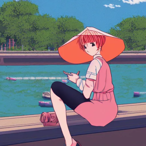 Image similar to woman sitting by the river in paris, pixels, sprite, graphic novel, visual novel cg, 8 0 s anime vibe, kimagure orange road, maison ikkoku, trending on artstation, 2 d hd, 3 2 x 3 2