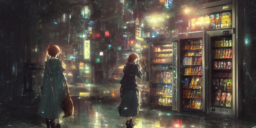 Image similar to anime kyoto animation key by greg rutkowski night, vending machine