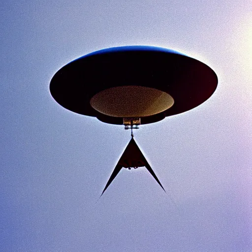 Prompt: flying saucer exiting top of pyramid