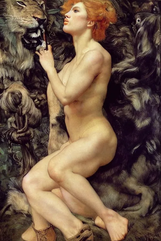 Image similar to scarlett johansson as a lion tamer by edgar maxence and caravaggio and michael whelan and delacroix