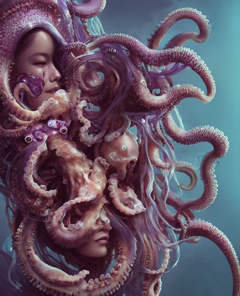 Prompt: goddess close - up portrait human skeleton, ram skull, octopus, jellyfish, orchid, betta fish, bioluminiscent, intricate artwork by tooth wu and wlop and beeple. octane render, trending on artstation, greg rutkowski very coherent symmetrical artwork. cinematic, hyper realism, high detail, octane render, 8 k