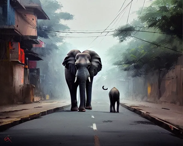 Image similar to An elephant walking down a street in Guwahati city. By Greg Rutkowski, trending on ArtStattion