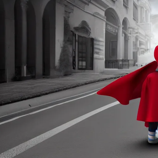 Prompt: baby with cape flying above the street, photorealistic