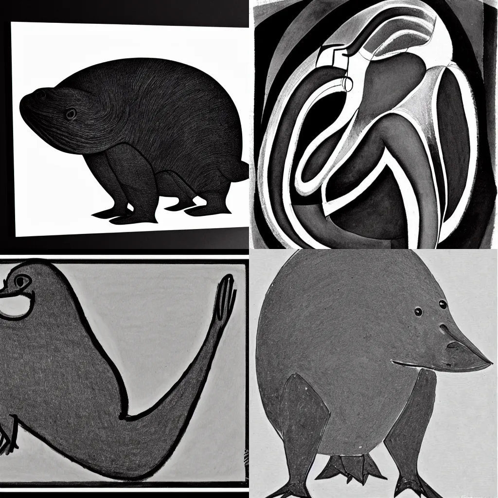 Prompt: platypus drawn by picasso, abstract style, black and white