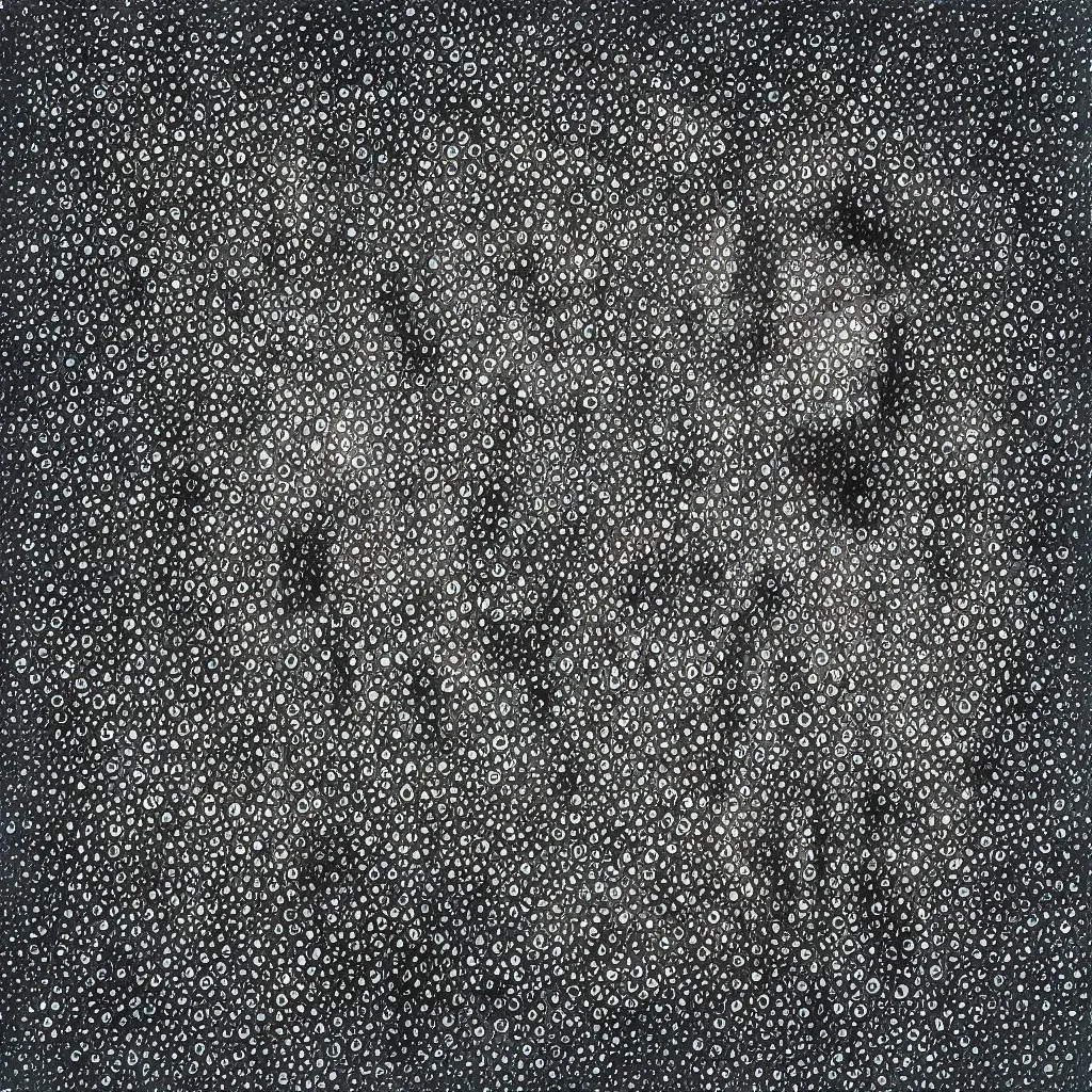 Image similar to camo made of out teeth, smiling, abstract, maya bloch artwork, do hoang tuong artwork, cryptic, dots, stipple, lines, splotch, concrete, color tearing, pitch bending, faceless people, tribal, dark, ominous, eerie, minimal, points, technical, painting