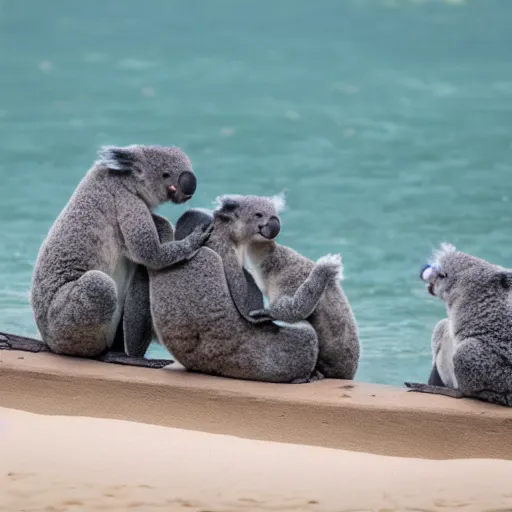 Prompt: 4 koalas swimming in the ocean as people watch