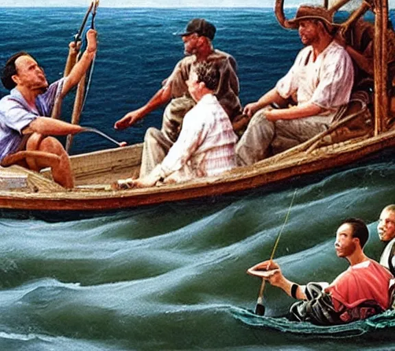 Image similar to Tom hanks as forrest gump fishing for shrimp in a giant shrimp boat, realistic face, renaissance painting, amazing detail