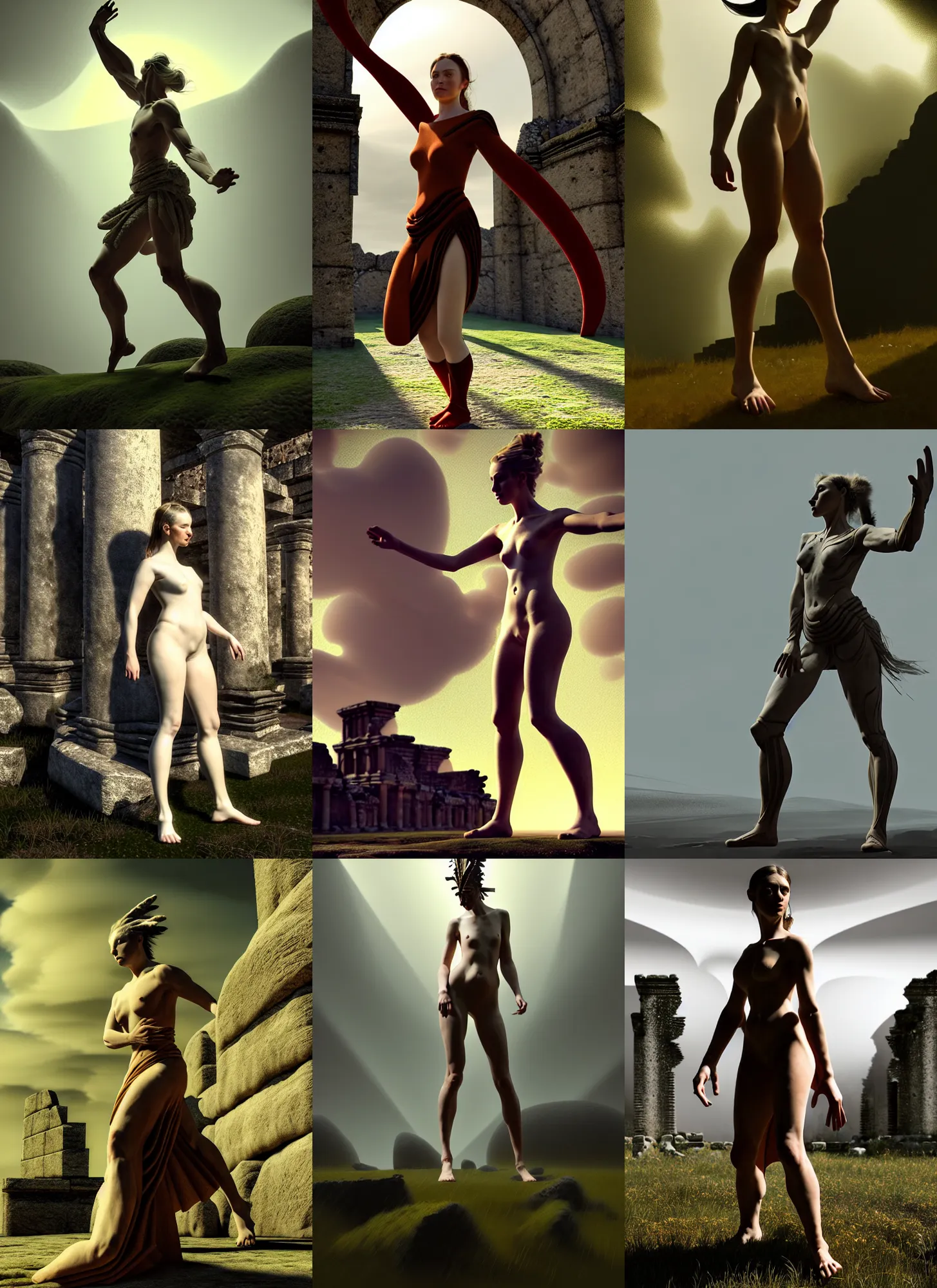 Prompt: linear gamma, dynamic pose, costume design made by nordic tribes, sophisticated composition, old masters light composition, procedurally generated, dynamic brush strokes, dynamic pose, natural light, dissolution filter, turbulence filter, epic human character posing for concept art, beautiful ancient ruins behind, substance designer, PBR, Ultra detailed, hyperrealistic, megascans, volumetric light, concept by master artist, made in paint tool SAI2, trending pixiv face