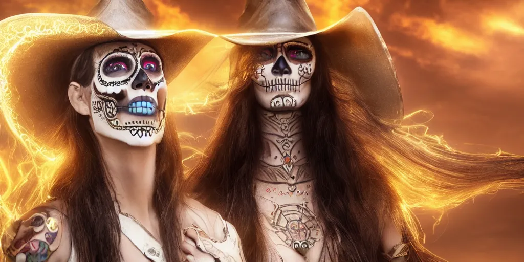 Image similar to Panorama screenshot of a beautiful female cyborg with sugar skull makeup, glowing long flowing silver hair, electric gold glowing eyes, wearing a cowboy hat, photographic highly detailed desert, hybrid from The Elden Ring and art direction by Darius Zawadzki ;by artgerm; wayne reynolds art station; cinematic quality character render; low angle; ultra high quality model; production quality cinema model